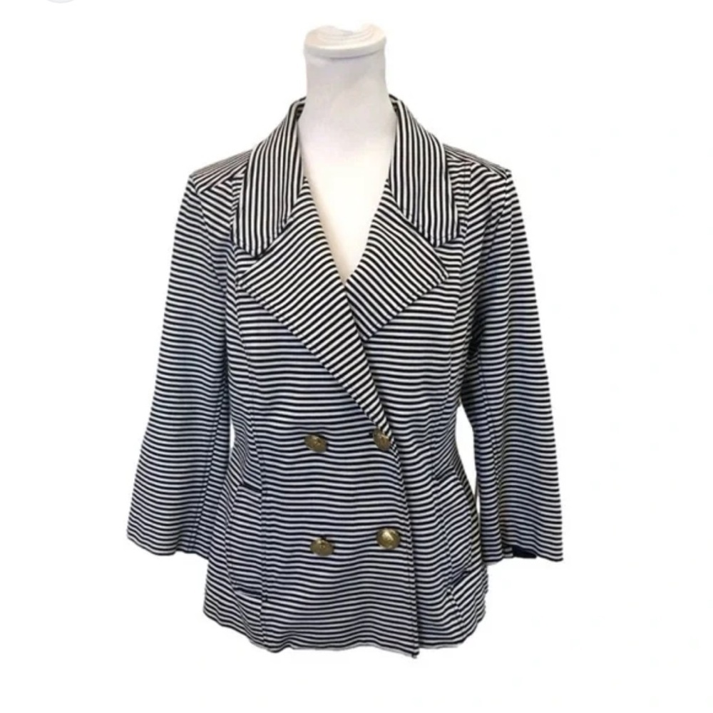 CAbi Black and White nautical Striped Jacket 3/4th length sleeve - Picture 2 of 8